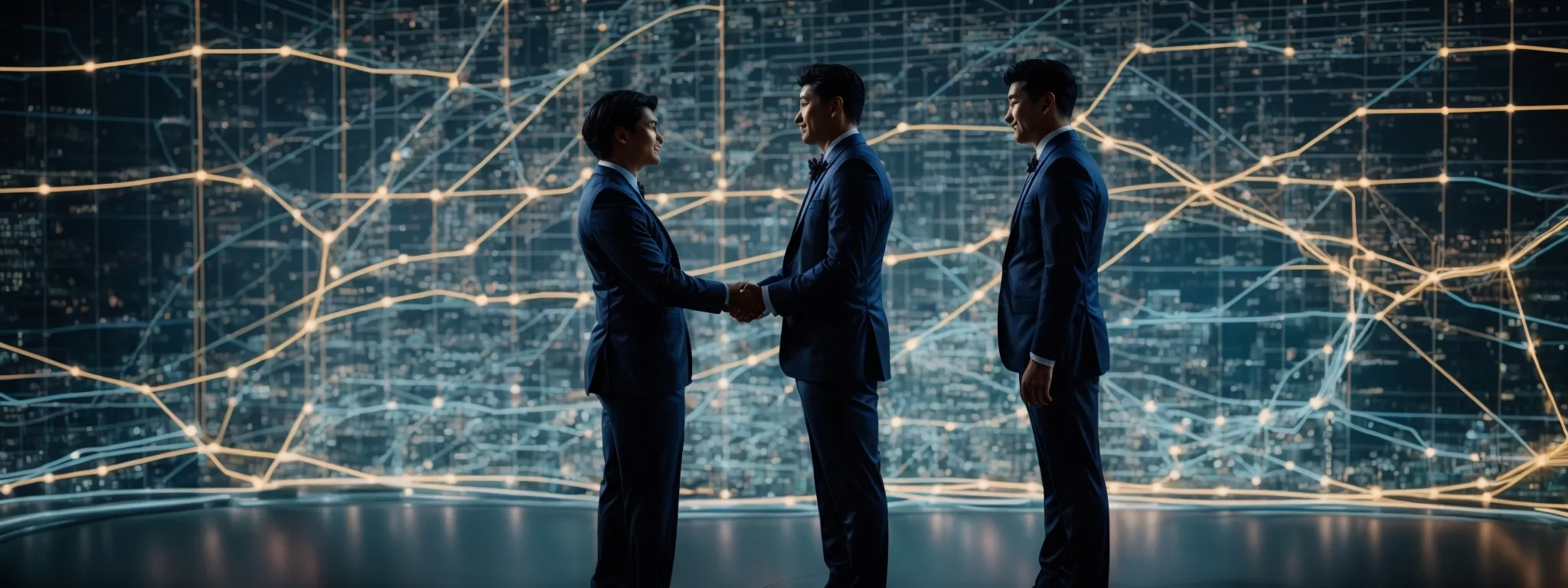 a handshake between two suited professionals in front of a glowing digital network map symbolizing partnership and connectivity.