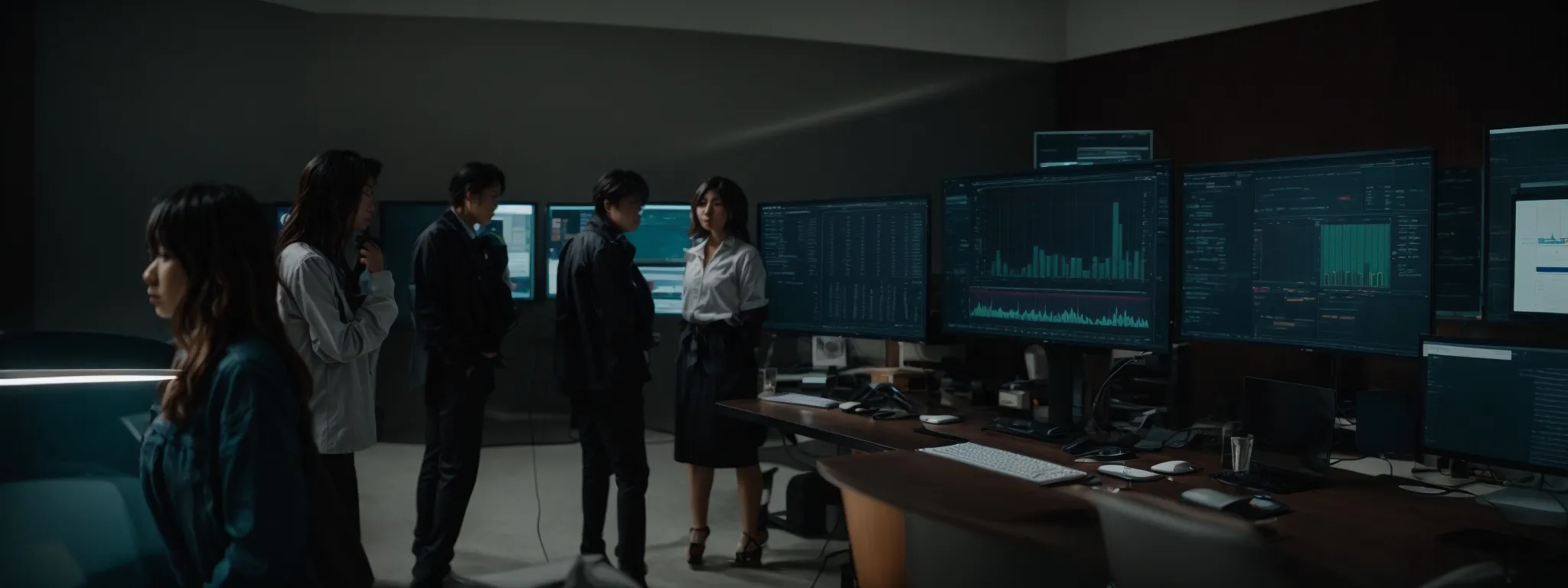 a team of professionals gathered around a large computer monitor analyzing a dynamic digital analytics dashboard.