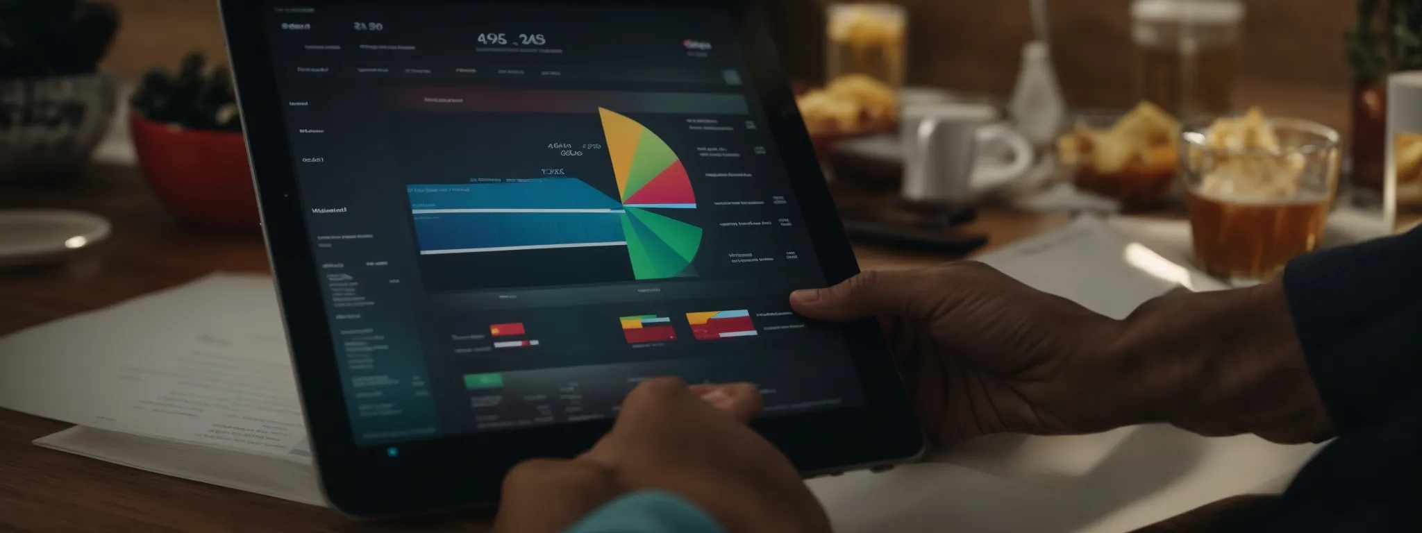 a marketer analyzes a colorful, segmented pie chart on a tablet screen, reflecting diverse consumer profiles for targeted content strategies.