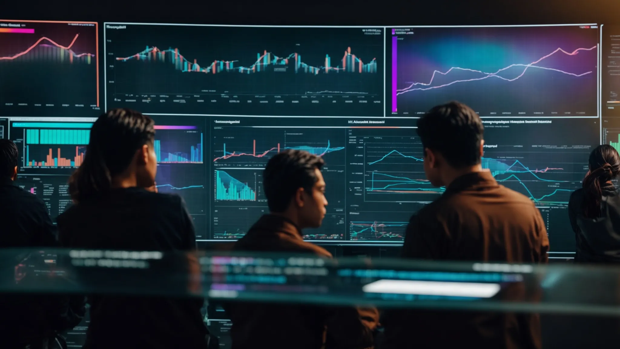 a group of professionals gaze intently at a large screen displaying colorful graphs and website data analytics.