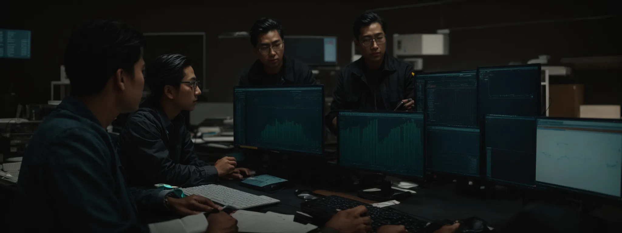 a group of professionals gathered around a computer screen, discussing charts and strategies.