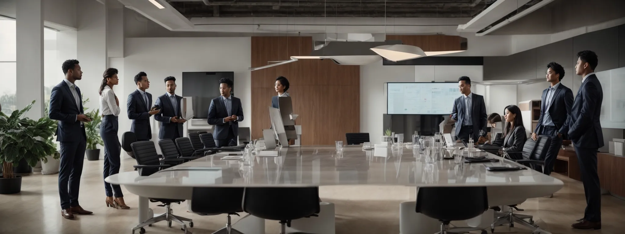a group of professionals gathered around a modern conference table, engaging with a sleek, interactive display that simplifies project coordination.