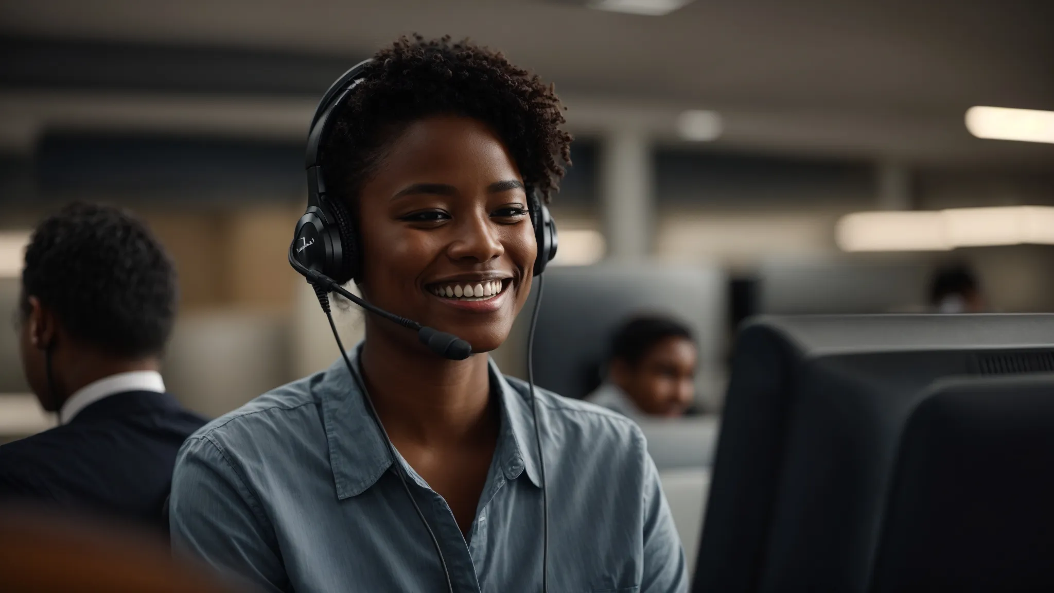 a customer service representative smiles warmly while wearing a headset, focusing intently on a computer screen with an open chat interface.