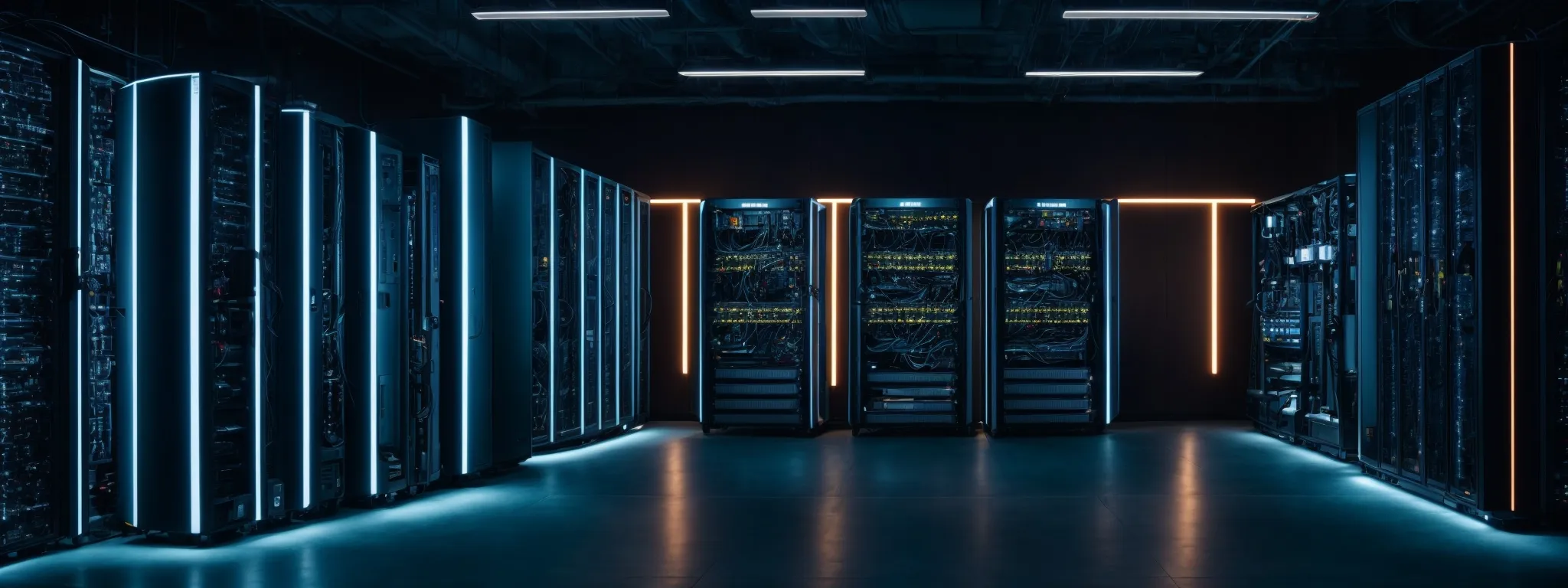 a streamlined, high-tech server room with glowing lights and racks of equipment symbolizing a hub of data management expertise.