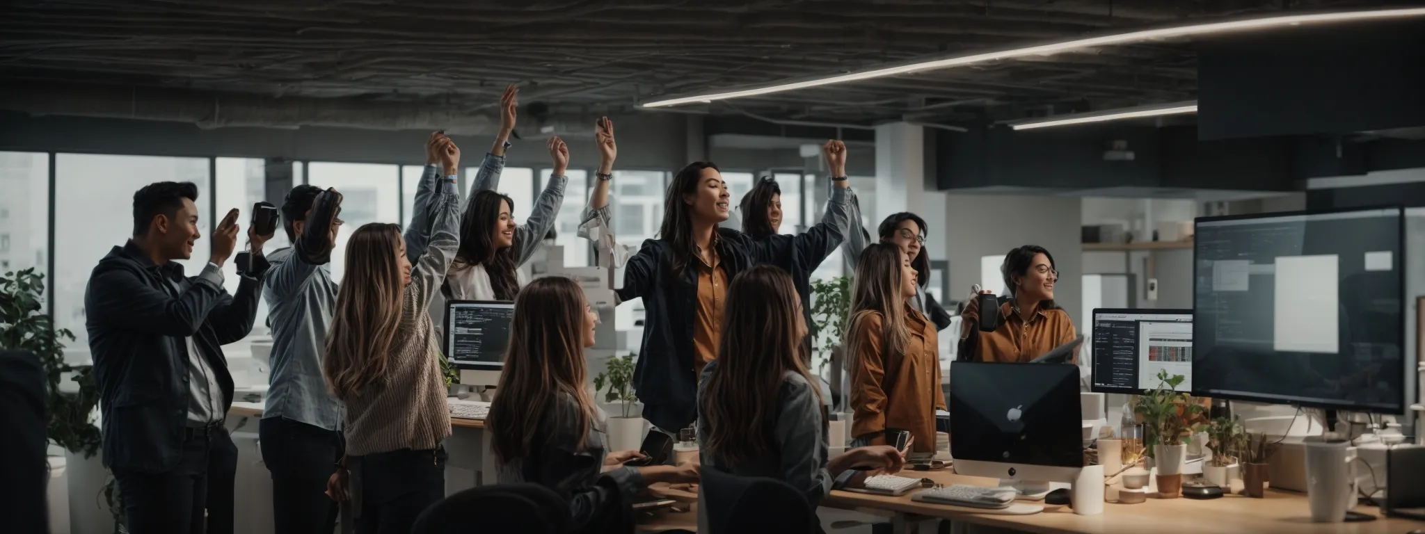 a group of creative professionals celebrate around a computer in a modern office, symbolizing a successful seo strategy.