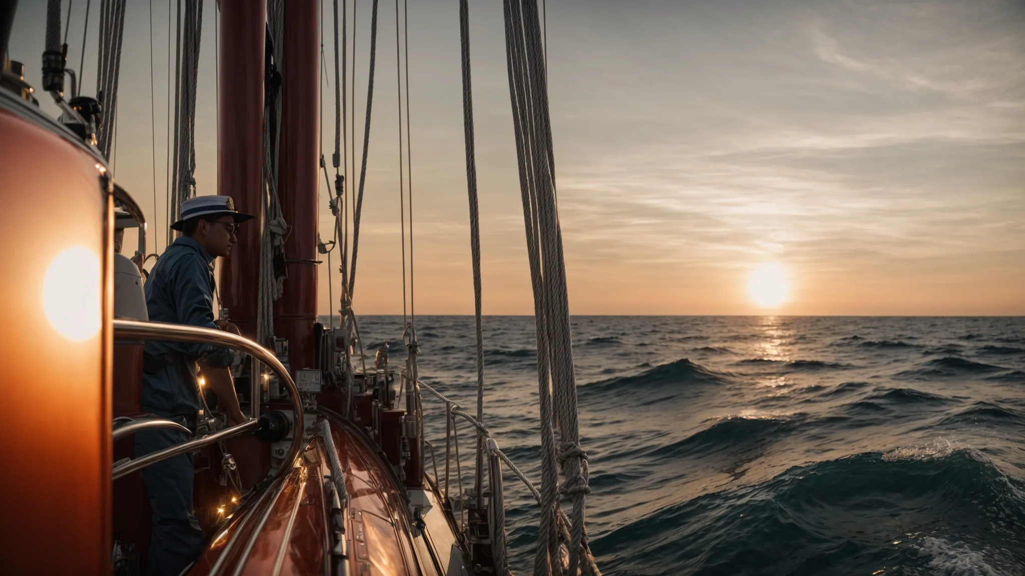 a ship sailing towards the sunset, with a captain navigating at the helm using high-tech equipment.
