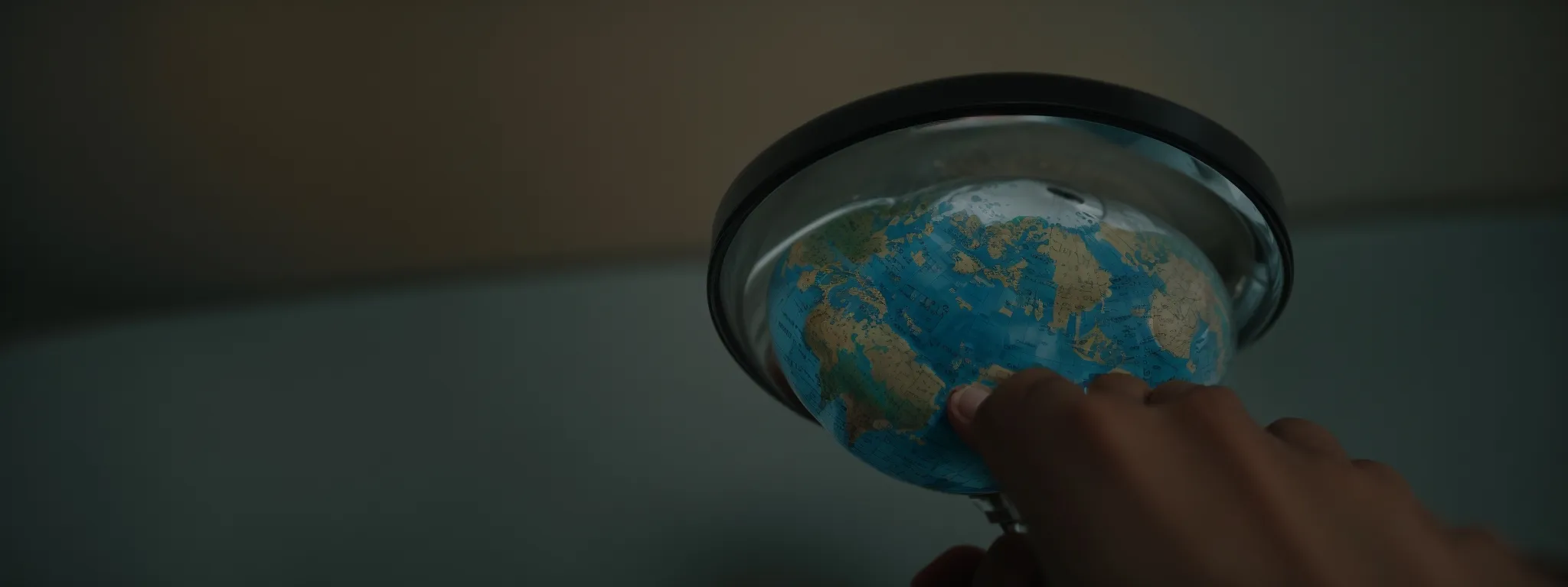 a person holding a magnifying glass towards a globe, symbolizing the search for global online visibility.