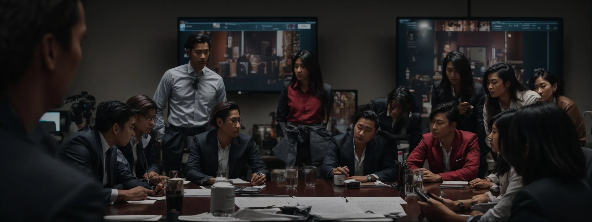 a group of professionals is gathered around a conference table, discussing strategies with various social media icons displayed on a screen in the background.