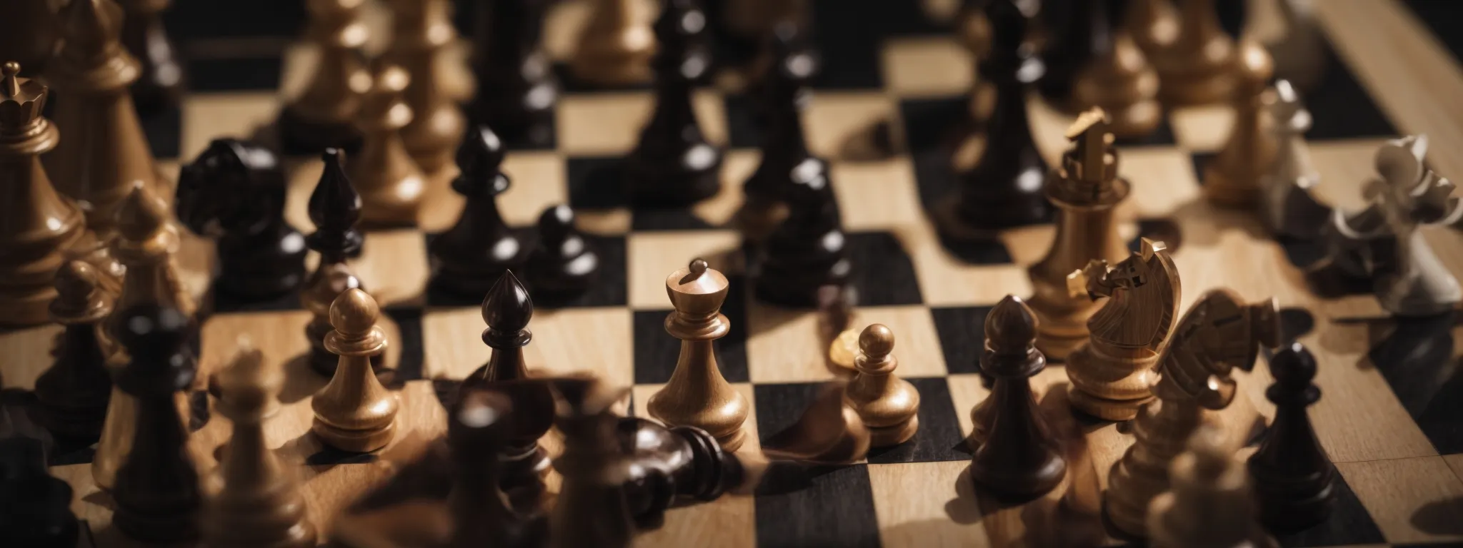 a chessboard with different pieces strategically positioned, symbolizing tactical moves in a competitive game, analogous to link building strategies in ecommerce.