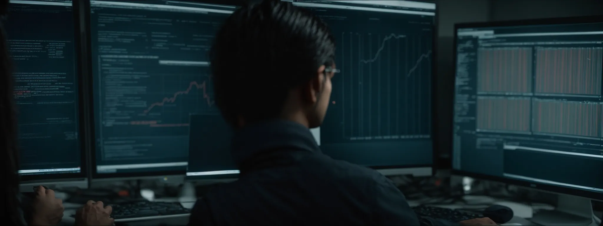 a person staring intently at a large, high-resolution computer screen, analyzing a complex website interface with various analytical tools open.