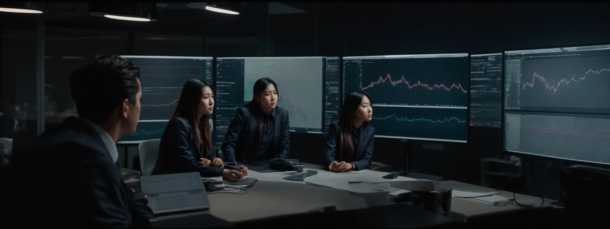 a group of professionals analyzing graphs on a large monitor to refine their digital advertising campaign.