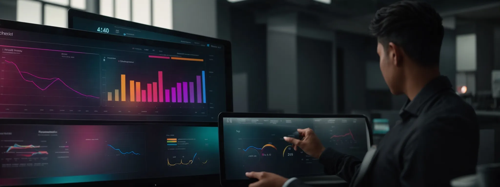 a person using a sleek, modern touchscreen interface to effortlessly navigate and analyze a colorful data dashboard.