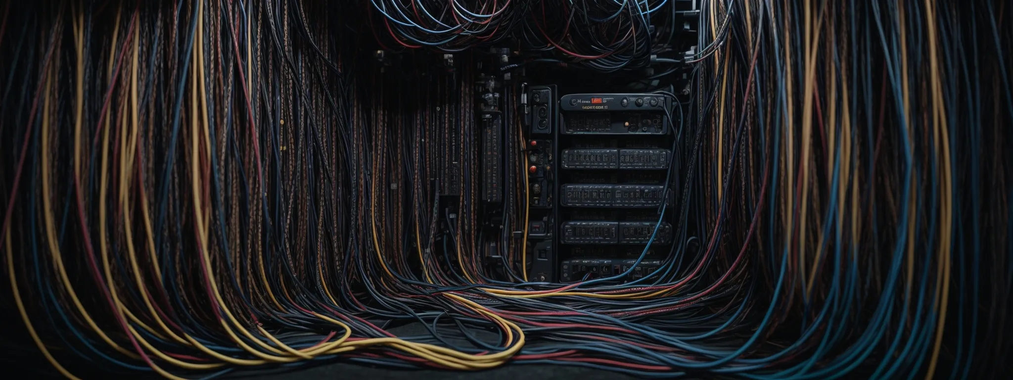 numerous intersecting data cables plugged into a centralized hub, symbolizing integrated connectivity.
