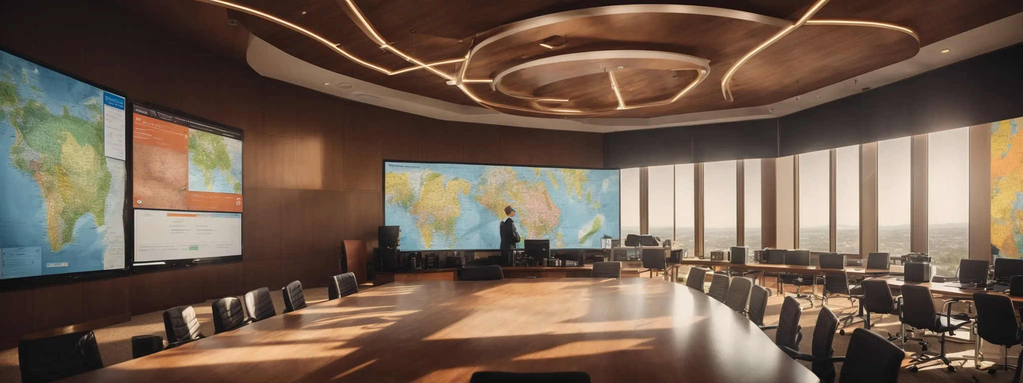a warmly lit conference room with a large screen displaying a colorful map of local business rankings and search trends.
