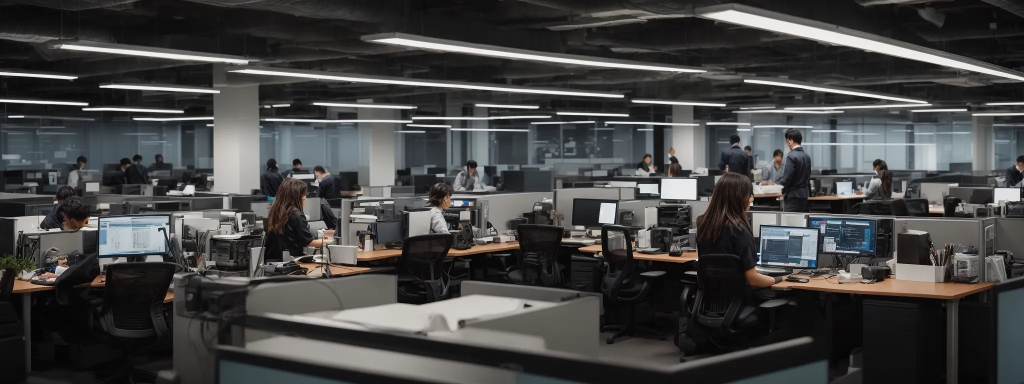 a busy office space with multiple people working on computers, highlighting collaboration and technology in a modern workplace.