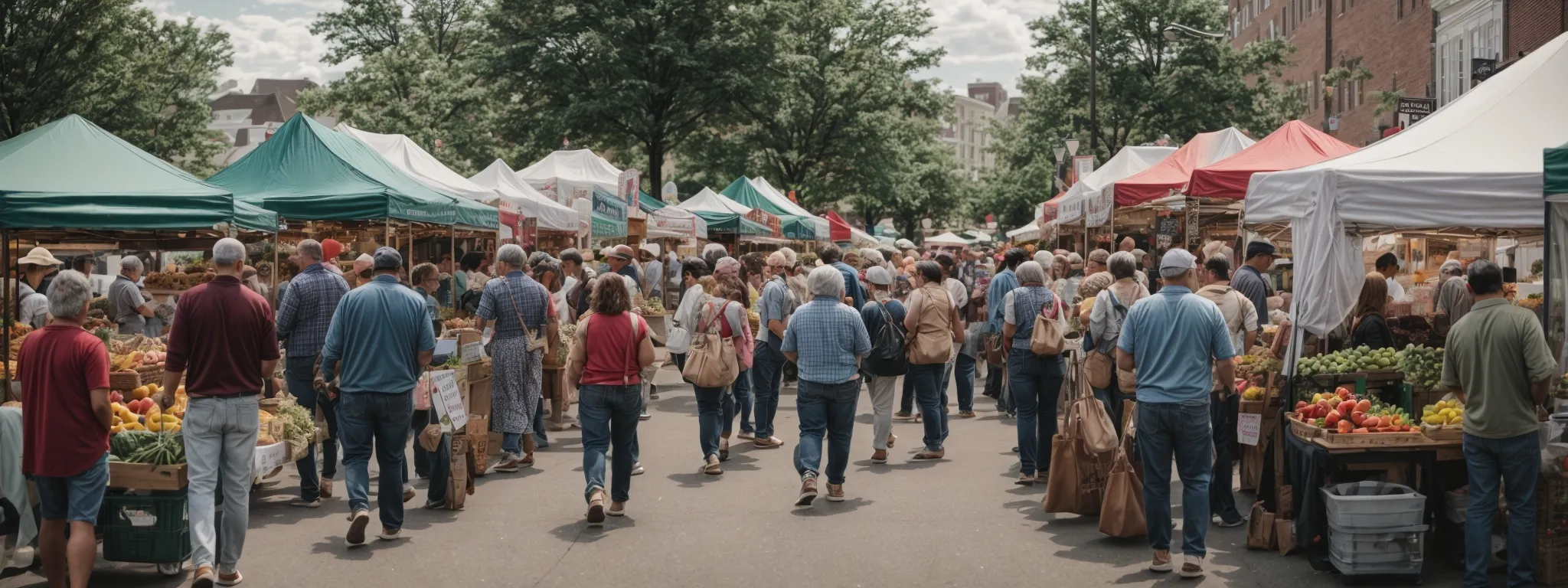 a bustling farmers market scene in harrisburg with various local business stalls and a community engaging in lively interactions.