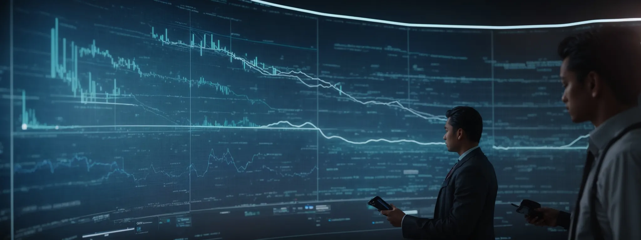 a person interacts with a futuristic interface showing charts and seo data analytics on a large screen, symbolizing the streamlining of seo tasks through innovative project management tools.