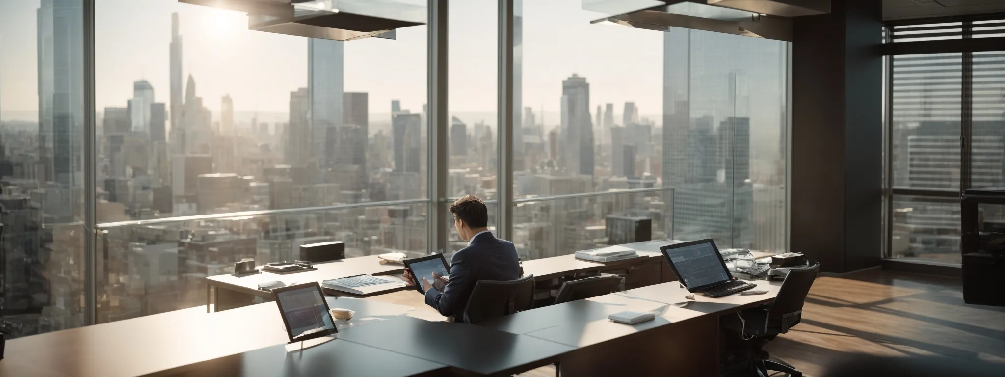 a business professional analyzes charts on a tablet in a modern, sunlit office with cityscape views.