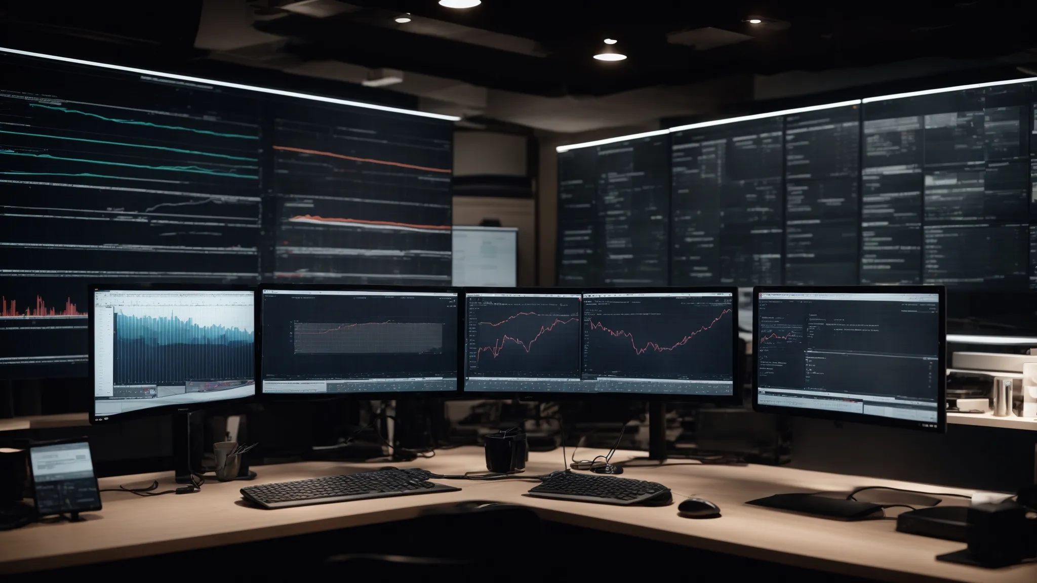 a streamlined office space with multiple computer screens displaying graphs and project timelines.