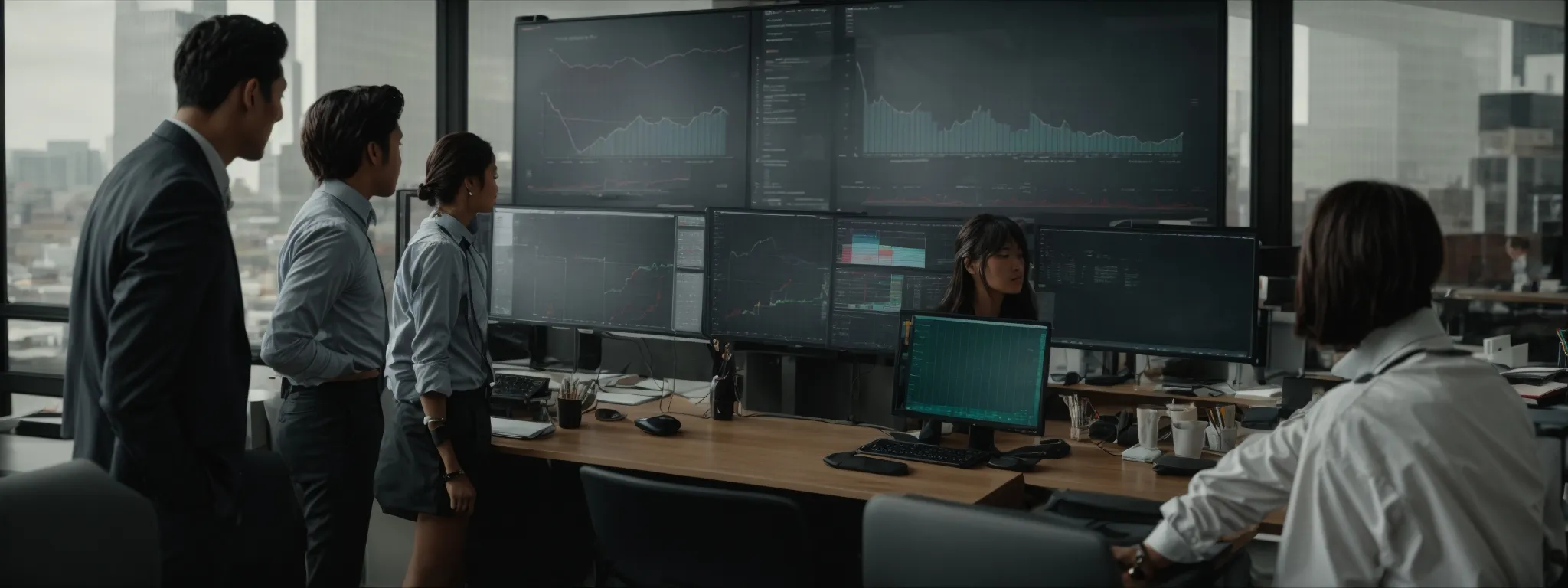a group of people analyzing graphs and charts on a large monitor in a modern office.