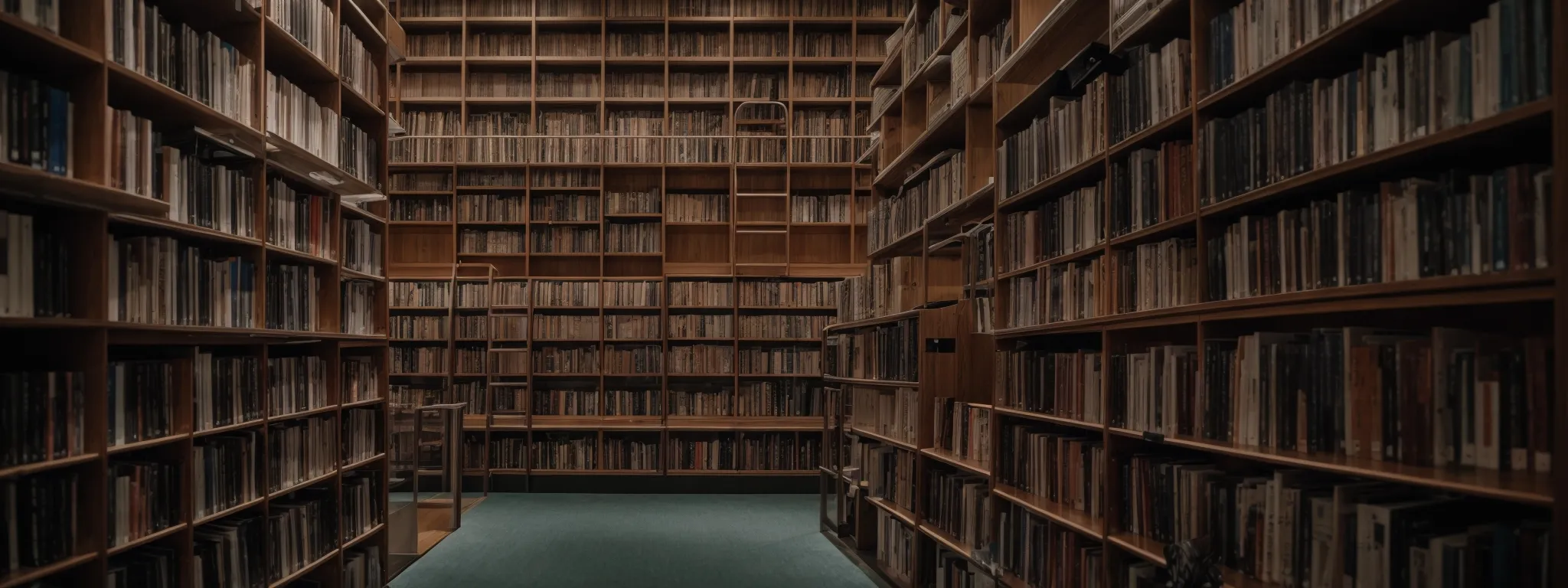 a neatly structured library with books aligned in categorized shelves, embodying organized information.