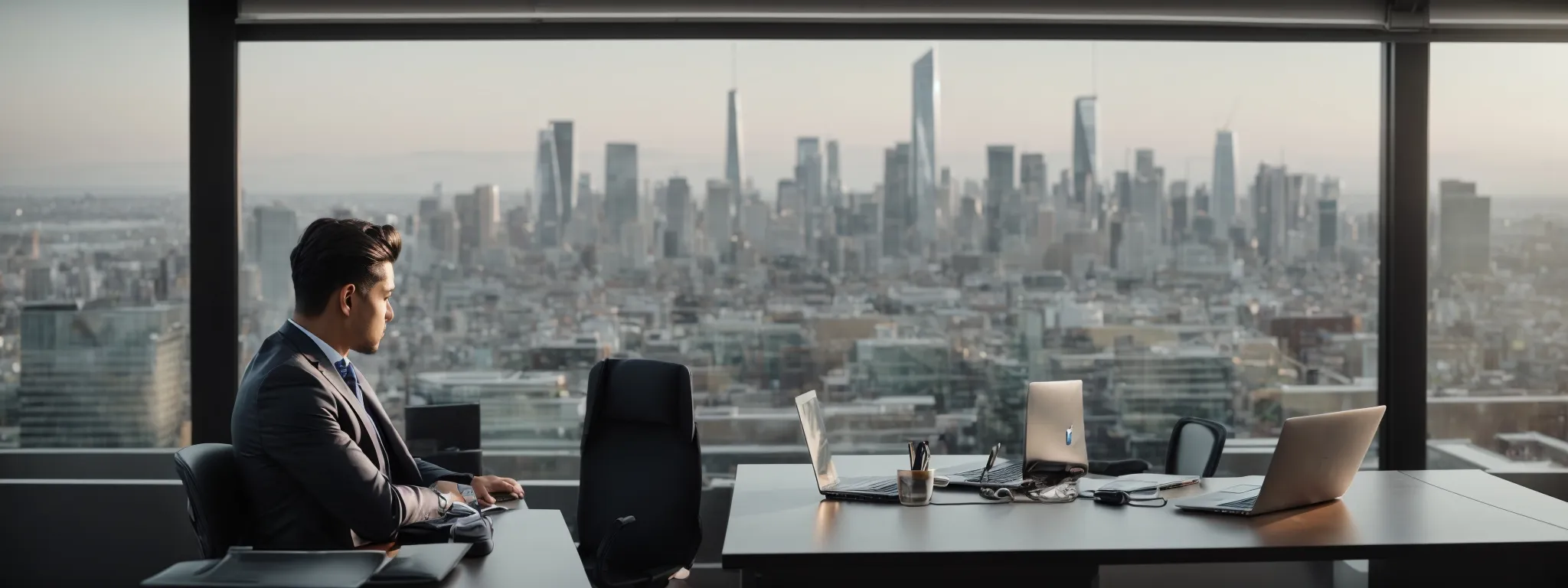 a businessperson uses a laptop to conduct seo research while sitting in a modern office with a panoramic view of the city skyline, symbolizing the reach and adaptability of digital marketing strategies.