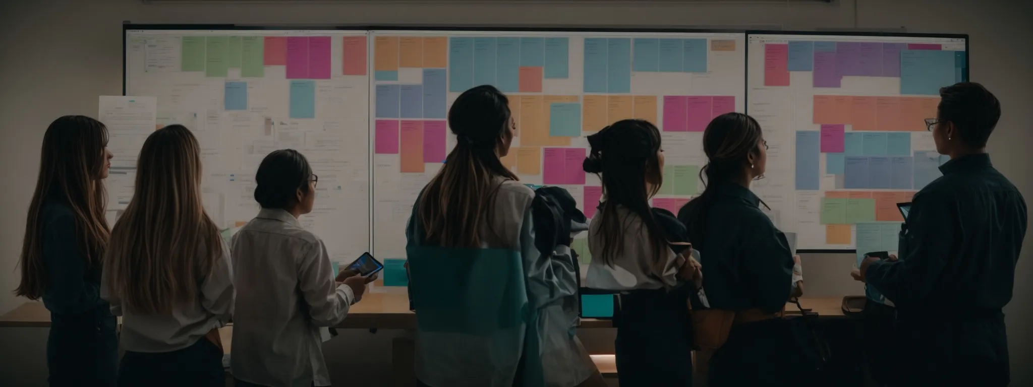 a team gathers around a large screen displaying colorful project timelines and task lists as they plan their digital marketing strategy.