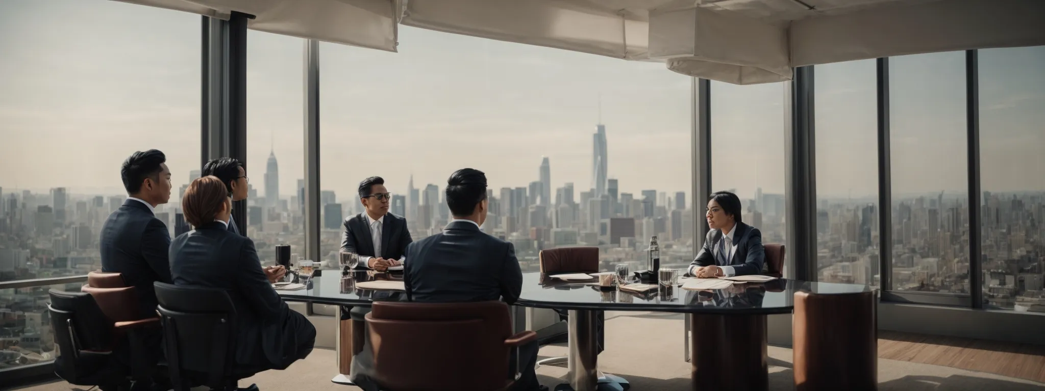 a strategic business meeting with a city skyline in the background.