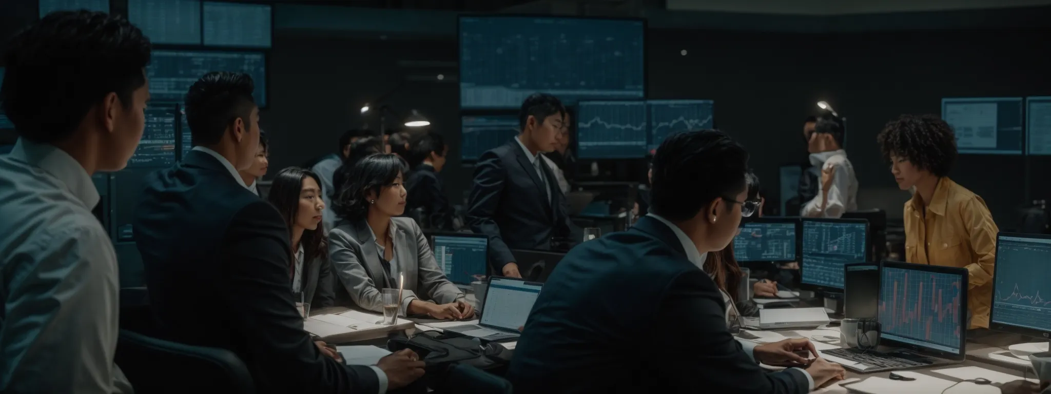 a group of professionals gathered around a computer, analyzing data-driven graphs and charts.