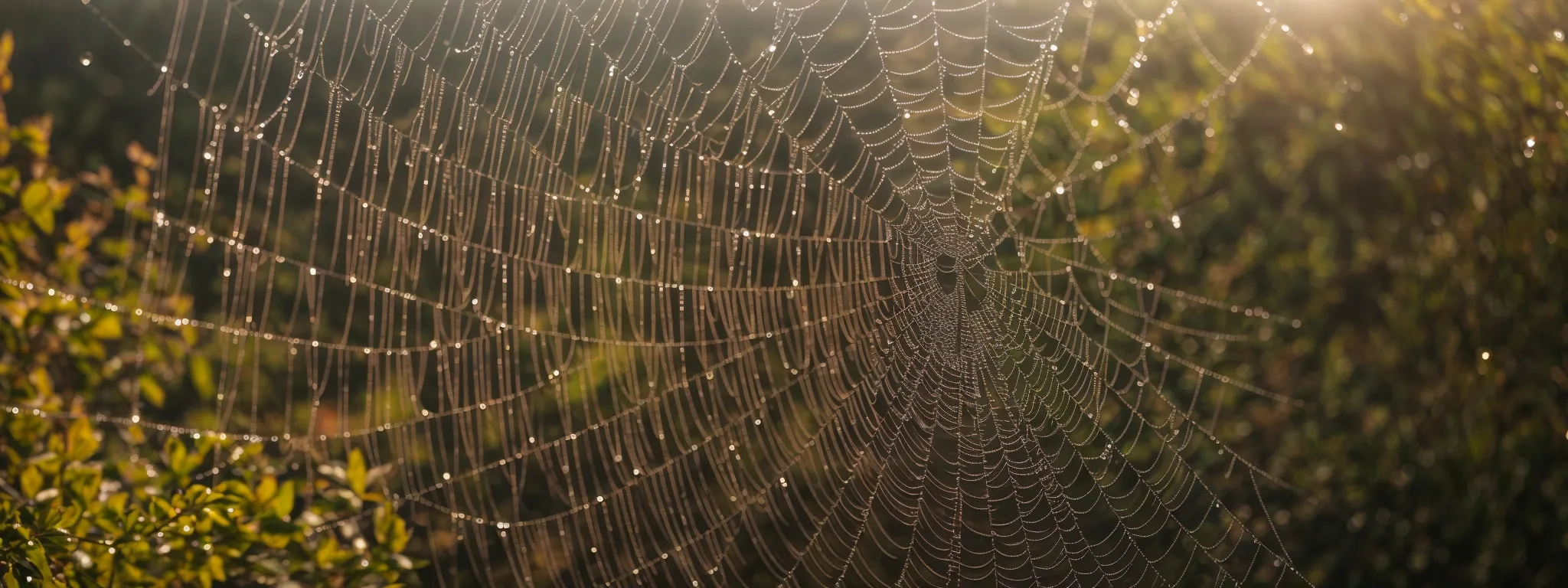 a spider web glistening with dew in the morning sun, symbolizing a complex and interconnected structure.
