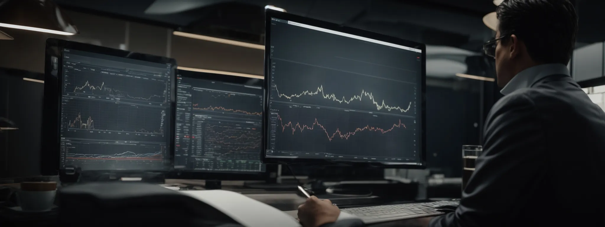 a businessperson analyzing a graph showing cost and revenue trends at their workstation.