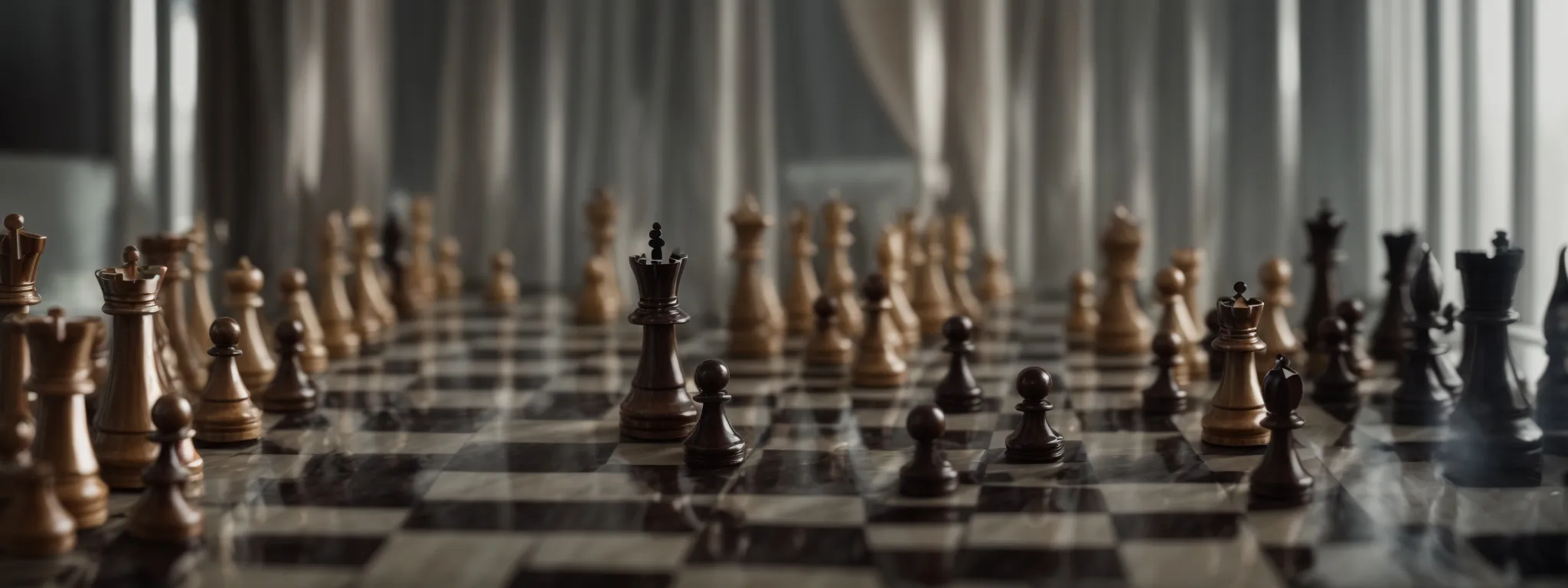chess pieces on a board with one towering over the others, symbolizing strategic dominance.