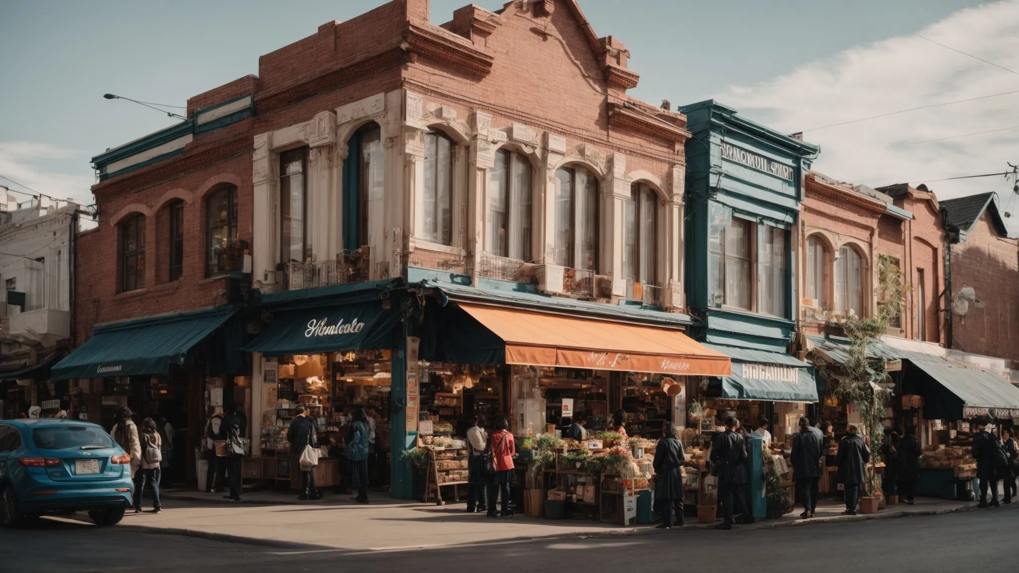 a bustling urban street scene with diverse shops and restaurants, highlighting the vibrant local business community.