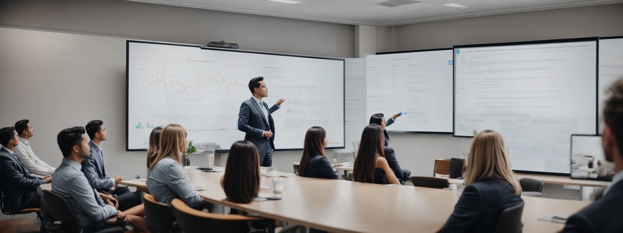 a marketing expert presents seo strategies on a whiteboard to attentive business owners in a bright conference room.