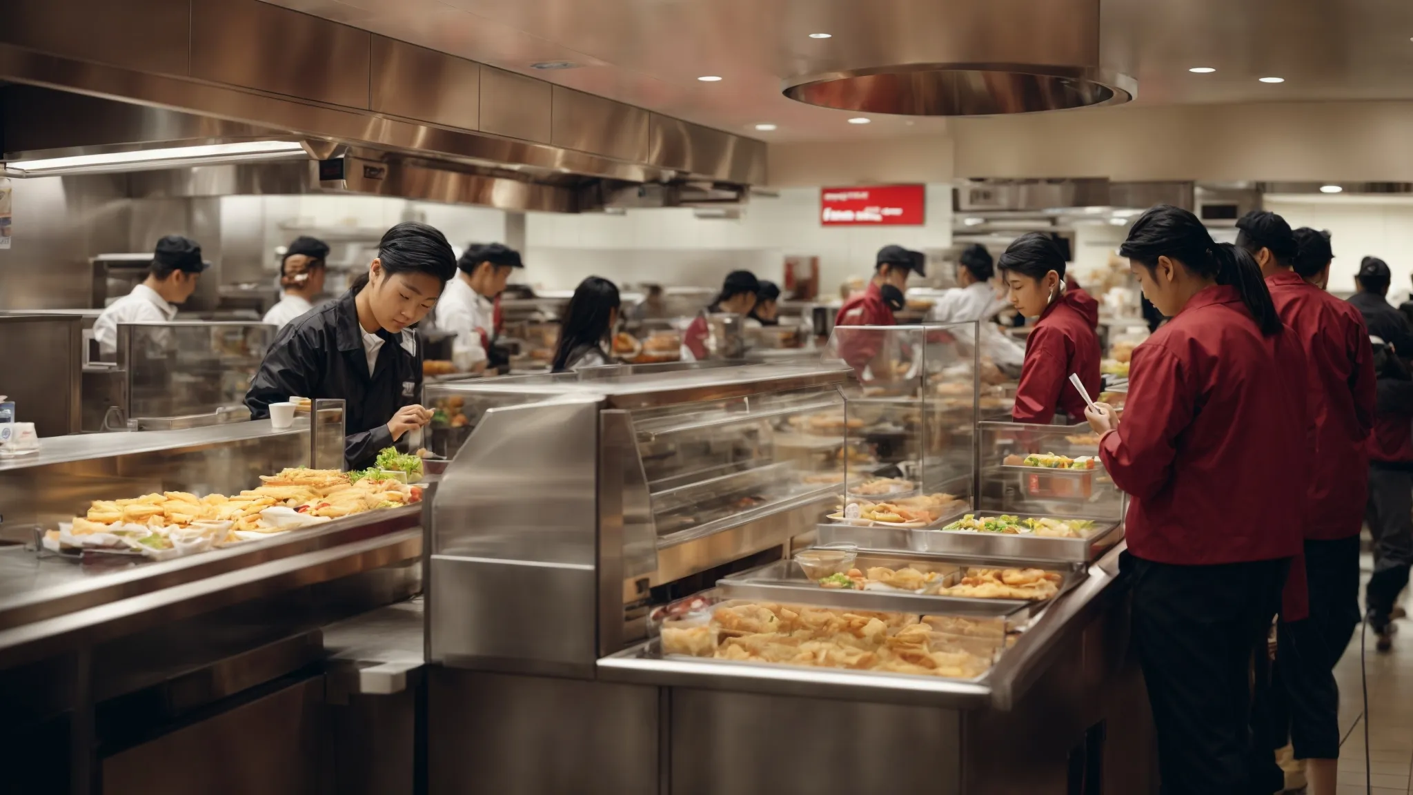 a bustling mcdonald's restaurant with customers engaging in mobile ordering while staff prepare food in the kitchen area visible in the background.