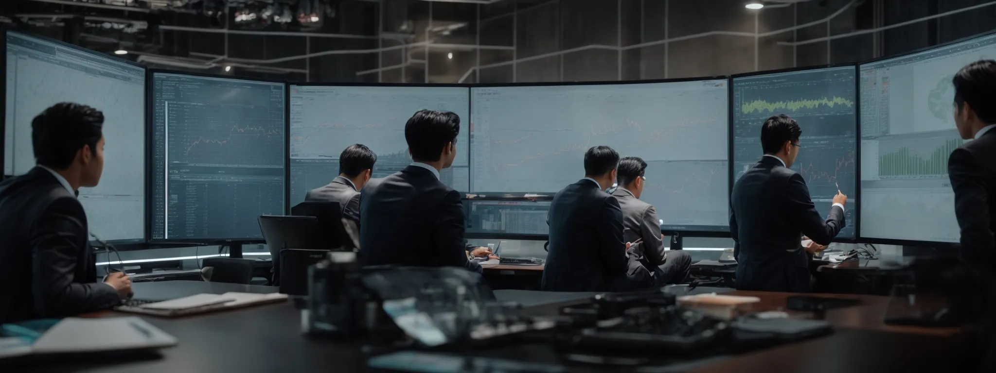 a group of professionals intently studies a large infographic on a monitor, revealing key seo metrics.