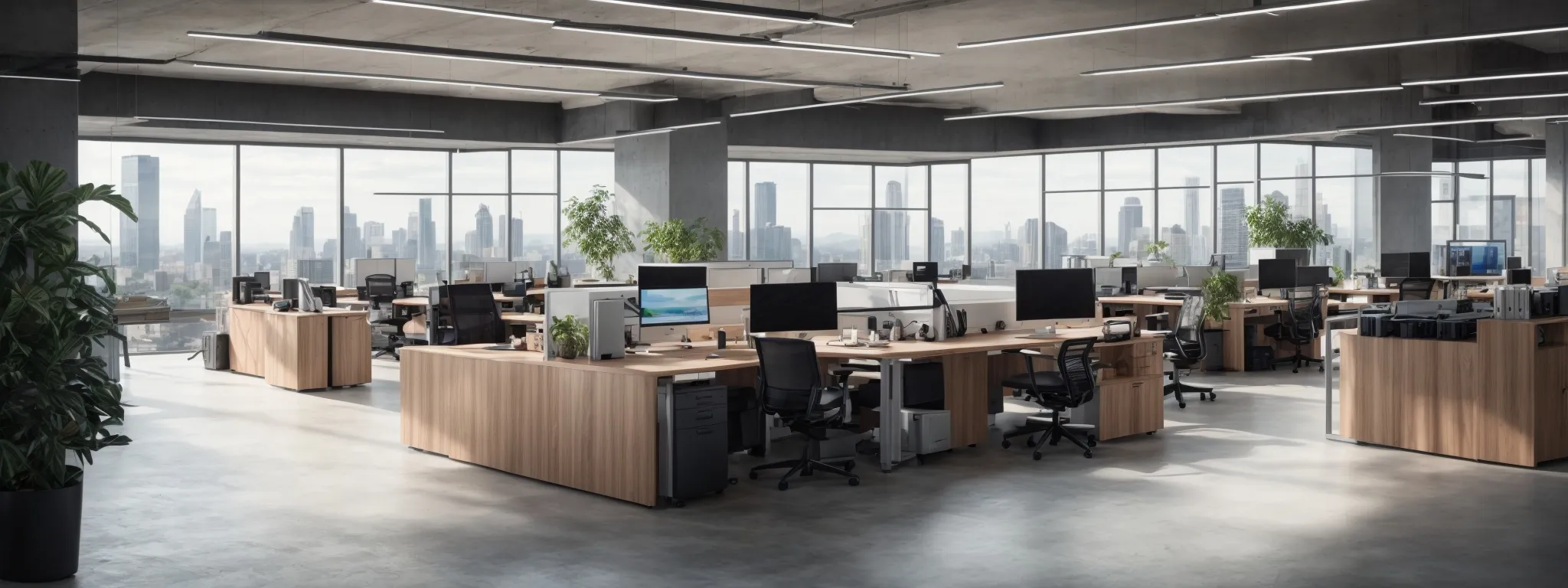 a panoramic view of a modern office with an open workspace filled with sleek computers and digital interfaces, signifying a hub of digital marketing innovation.