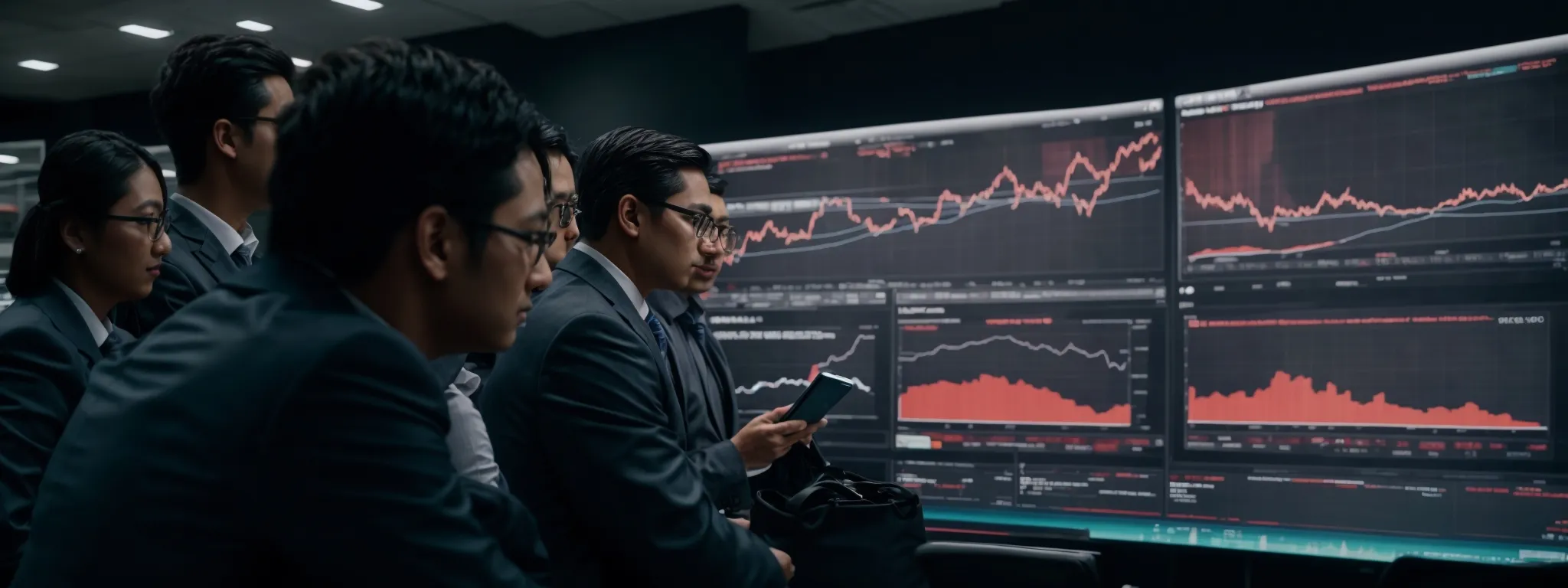 a group of marketing professionals intently observes a large dashboard display showing various real-time social media analytics and metrics.