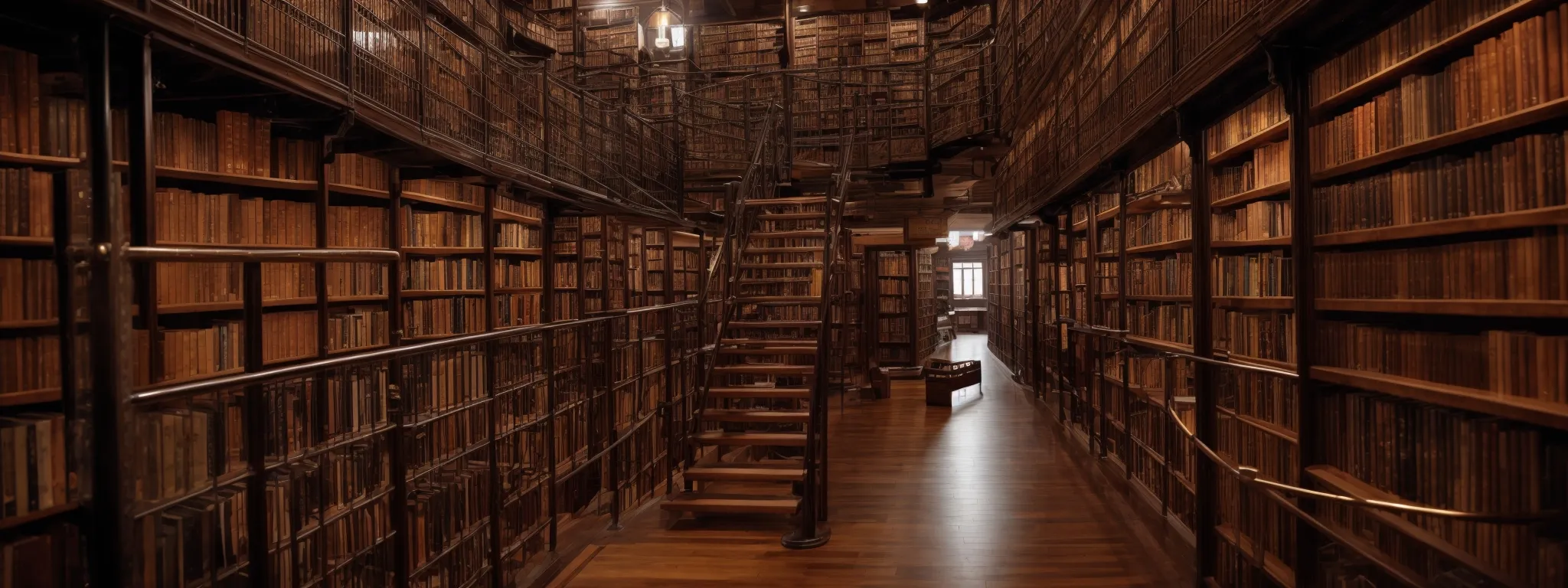 a vast library with an intricate network of ladders and bridges connecting countless bookshelves, symbolizing structured pathways.