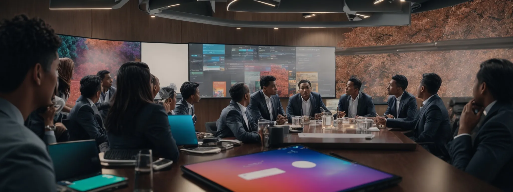 a group of professionals gathered around a conference table, brainstorming with a large screen displaying colorful social media analytics in the background.