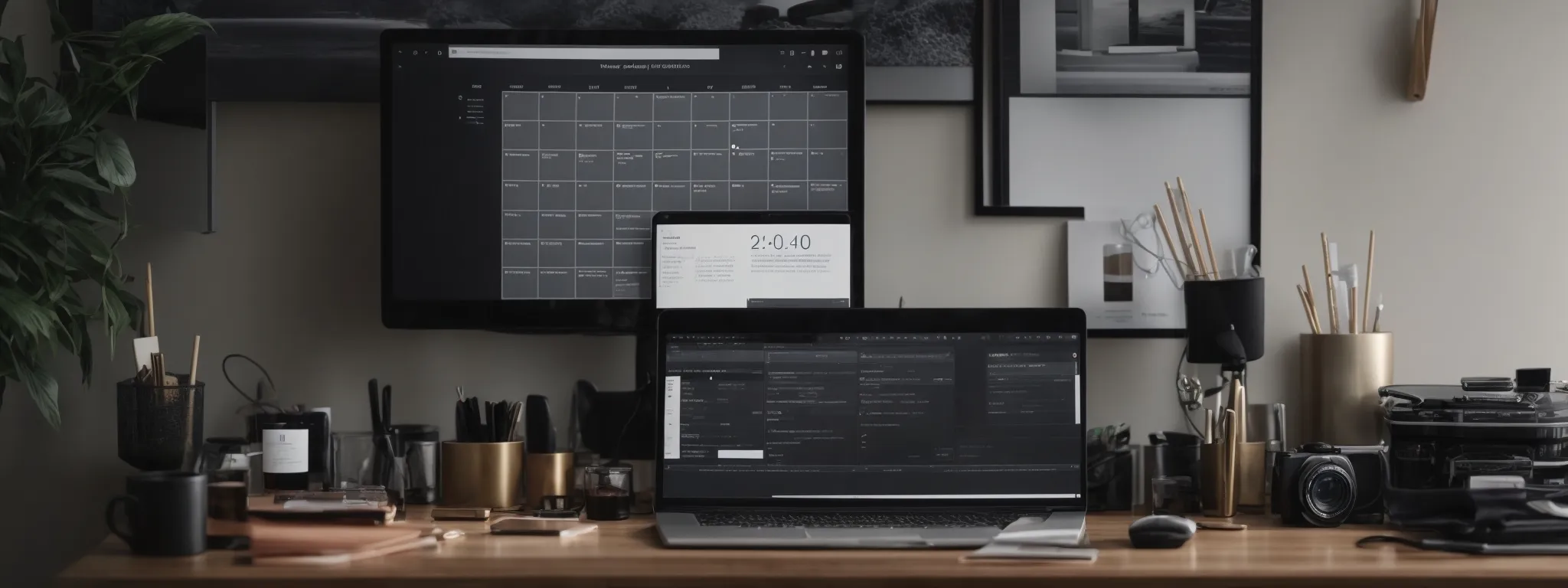 a sleek home office setup featuring a monitor displaying an organized calendar and email interface with a tagline hinting at artificial intelligence assistance.