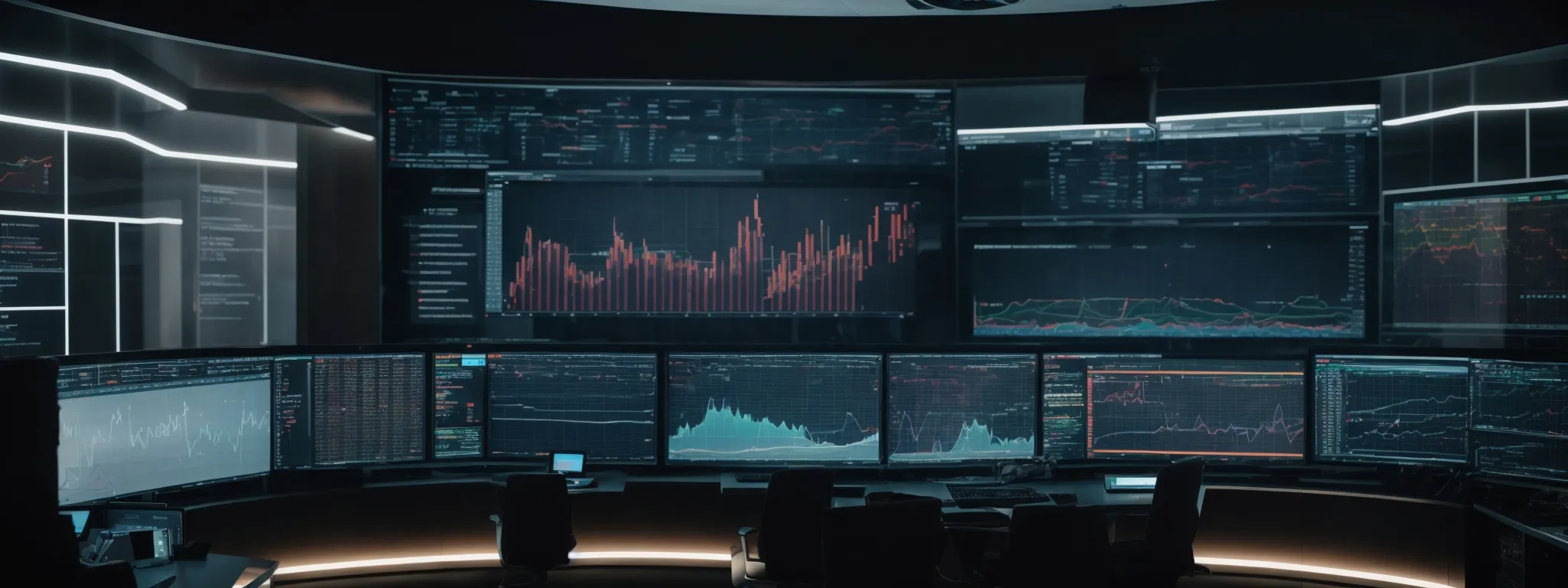 a futuristic control room with screens displaying graphs and marketing analytics, operated by professionals using sophisticated software.
