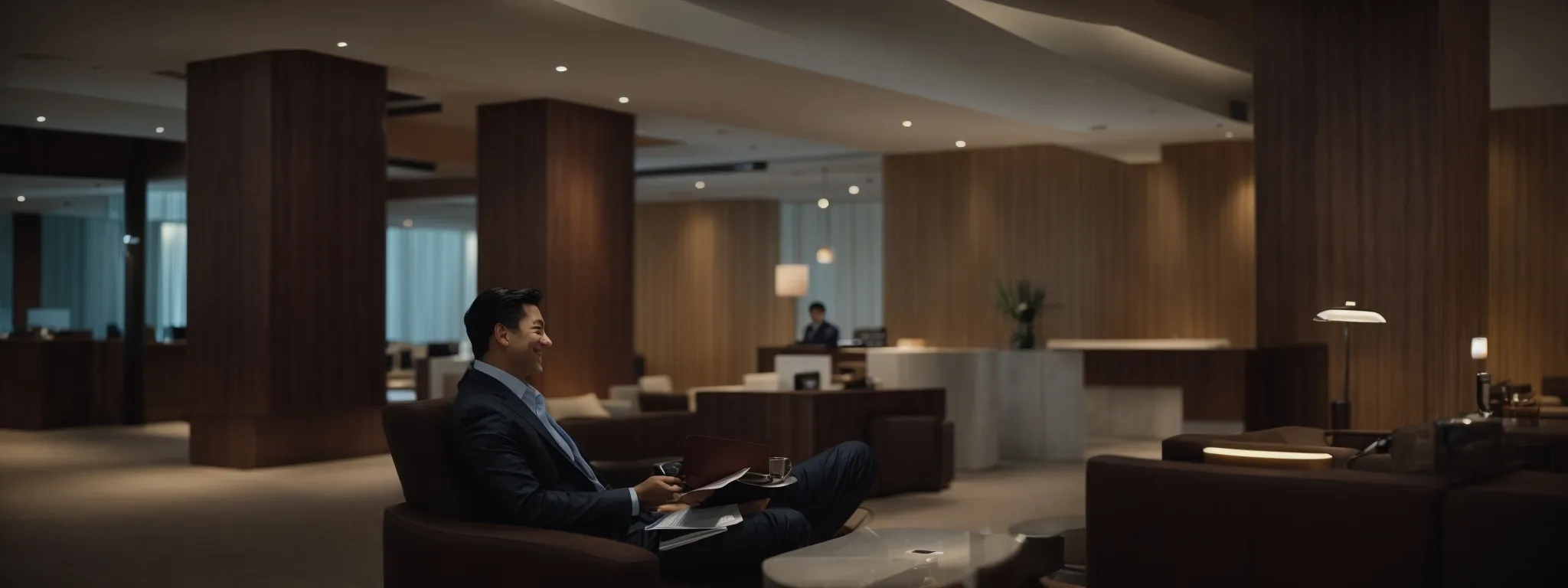 a hotel manager smiling while reading a glowing review on a computer in a modern hotel lobby.