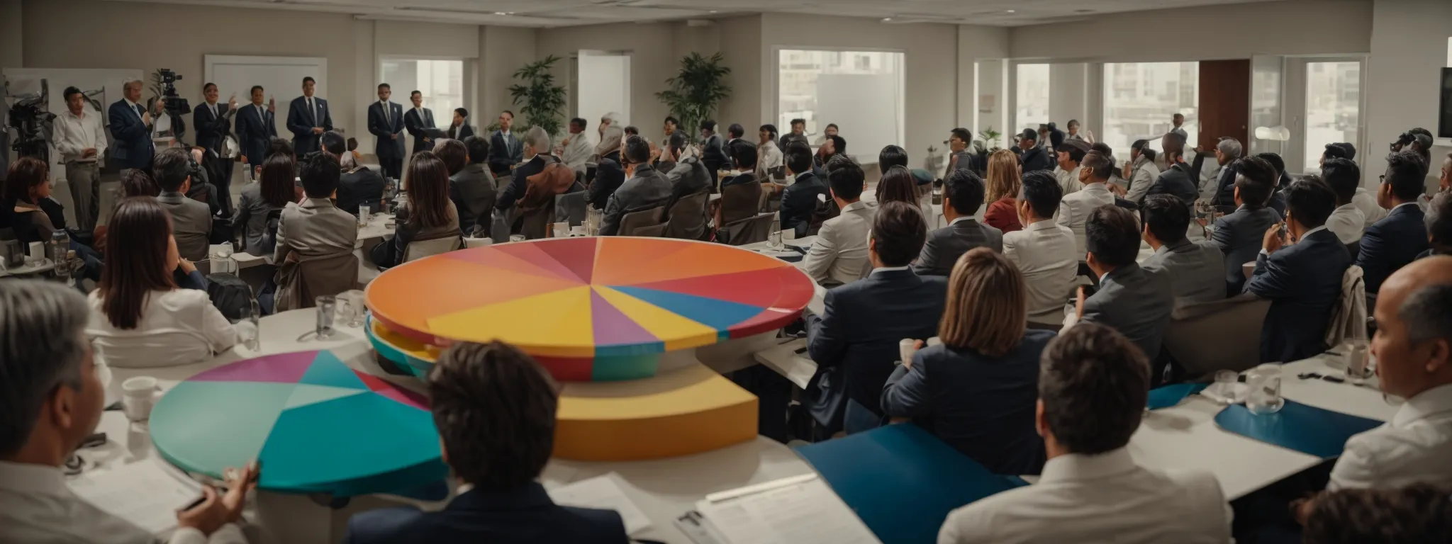 a strategist presents a colorful pie chart to a roomful of attentive marketers discussing a comprehensive campaign plan.