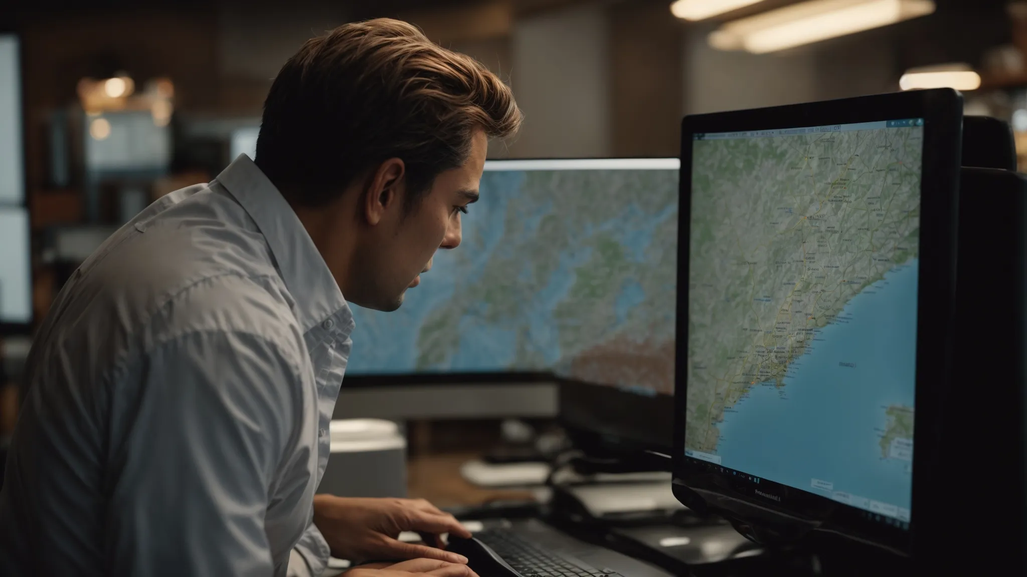 a business owner looking at a computer screen displaying a map with various location pins.