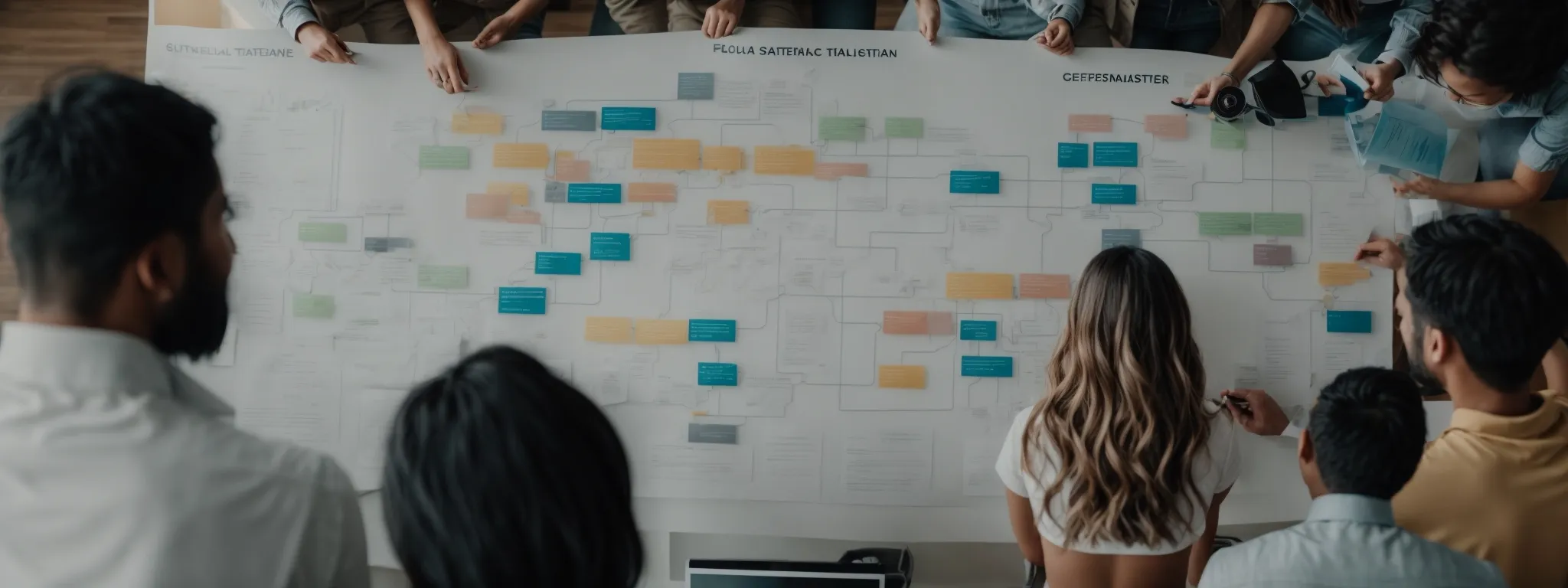 a marketing team gathers around a large flowchart, strategizing content alignment with a buyer's journey funnel.