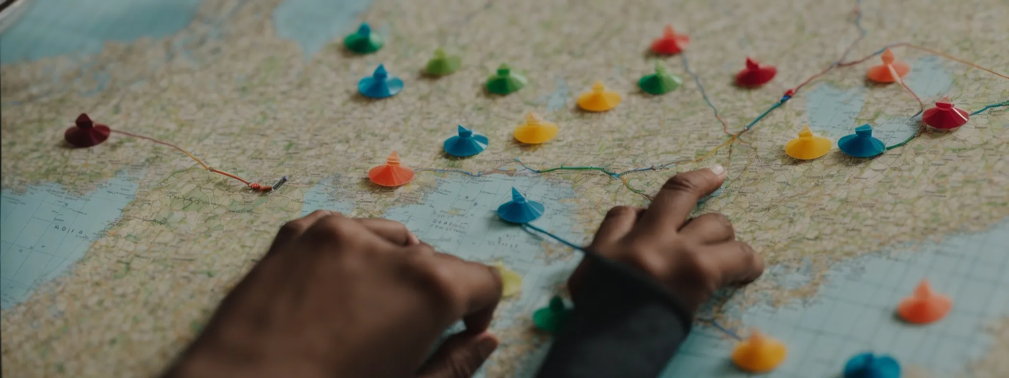 a detective examining a map with multiple colored pins and connecting threads, symbolizing a strategic audit.
