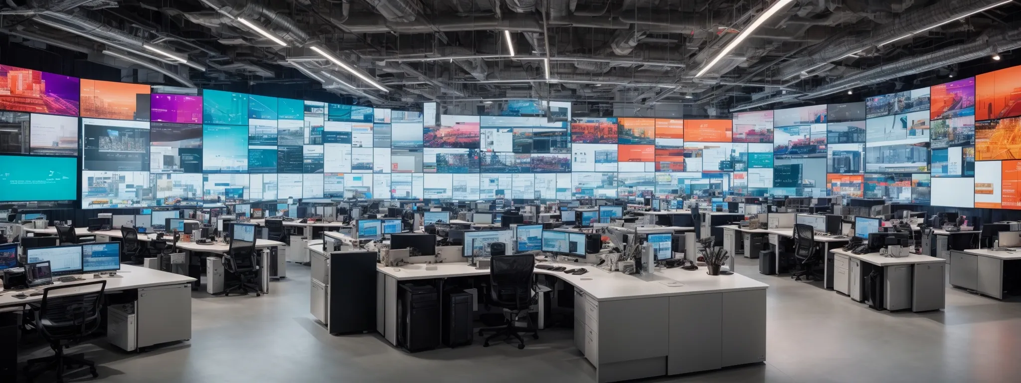 a wide-angle view of a modern open-plan office with multiple digital screens displaying colorful analytics and graphs.