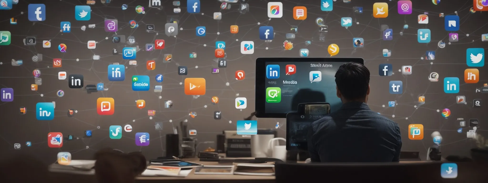 a person sitting at a desk with multiple social media app icons floating above their tablet displaying an infographic.