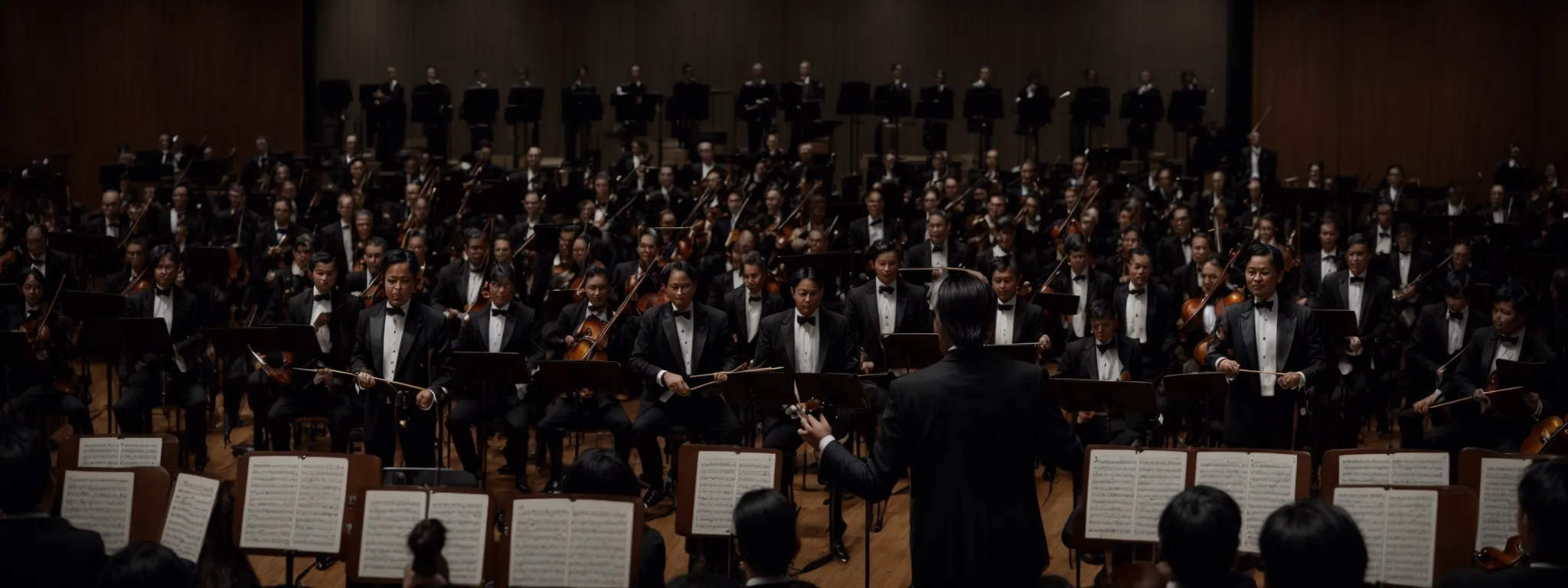 a conductor standing in front of an orchestra, poised to lead them into a harmonious performance.